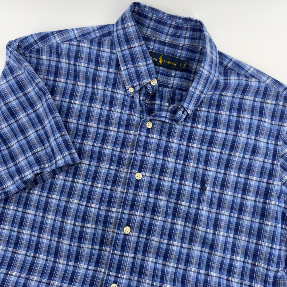 Ralph Lauren‎ Mens Blue Plaid Short Sleeve Button Down Shirt Large